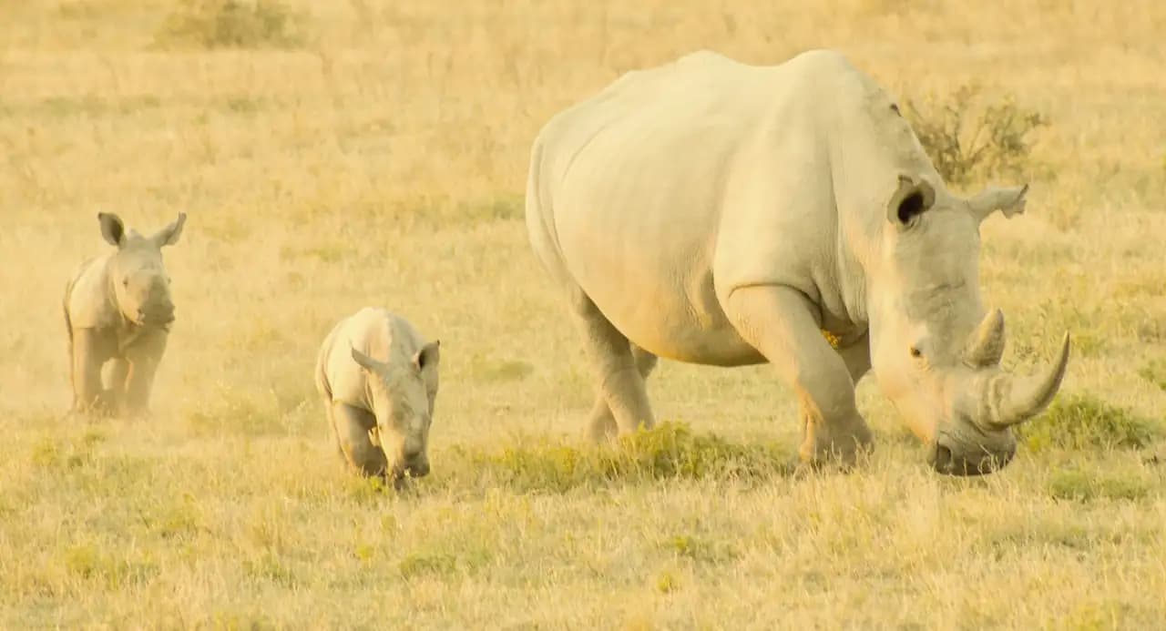 White rhinos grazing together on dry golden grassland at Ol Pejeta Conservancy